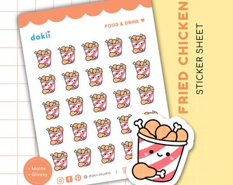 May include: A sheet of stickers featuring a cartoon illustration of a bucket of fried chicken with a smiling face. The sticker sheet includes 36 individual stickers of the fried chicken bucket and one larger sticker of the fried chicken bucket. The text "FRIED CHICKEN STICKER SHEET" is printed on the right side of the image.