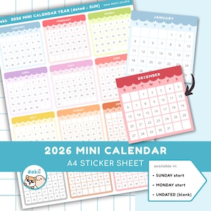 2026 Mini Calendar Stickers | Dated Monthly Stickers Jan–Dec 2026 | Monday or Sunday Start | Monthly Calendar Cover Stickers