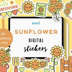 Kawaii Sonnenblume Digitale Aufkleber | Niedliche Sonnenblume GoodNotes PNG Clipart Sommerblumen Gelb Blumen Planner Aufkleber Herbst Botanicals Blütenblätter