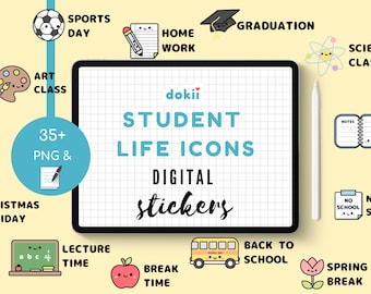 May include: A set of 35+ digital stickers featuring cute illustrations of student life. The stickers are in a variety of colors and feature images of a graduation cap, a school bus, a book, a pencil, a science atom, a soccer ball, a clock, and more. The stickers are perfect for adding a touch of fun to your digital planner, notes, or social media posts.