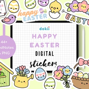 Puede incluir: Un conjunto de pegatinas digitales de Pascua en colores pastel. Las pegatinas incluyen huevos de Pascua, pollitos, flores y una cesta, con las palabras "¡Felices Pascuas!" y "¡Día de Pascua!" en el diseño. Las pegatinas son para GoodNotes y PNG.