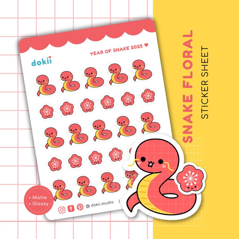May include: A sticker sheet featuring a cute cartoon snake with floral designs. The sheet includes multiple stickers of the snake in different poses, as well as floral designs. The text "Year of Snake 2025" and "Snake Floral Sticker Sheet" are also included on the sheet.