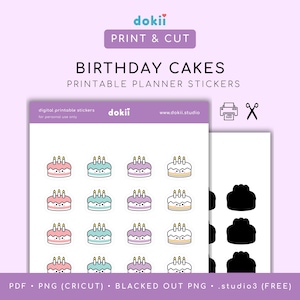 Cute Birthday Cake Printable Planner Stickers | Kawaii Birthday Cake Icon Planner Printable Stickers Digital Download Print & Cut - dokii