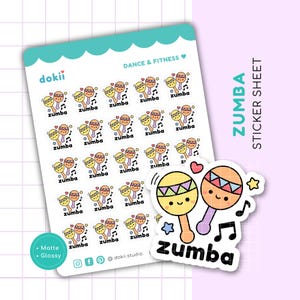 May include: A sticker sheet with 25 colourful stickers featuring a cartoon maraca with a smiling face and the word "zumba" written on it. The sheet also includes a larger sticker of two maracas with the word "zumba" written below them.