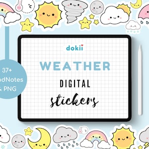 Kawaii Weather Digital Sticker Bundle | 37 Cute Weather GoodNotes October Digital Planner Daily Icon Weather PNG Clipart Sunny Rainbow