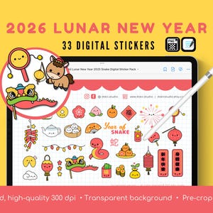 Lunar New Year 2026 Horse Digital Sticker Pack | Kawaii Chinese New Year Stickers for GoodNotes | Cute Horse PNG Digital Planner Stickers