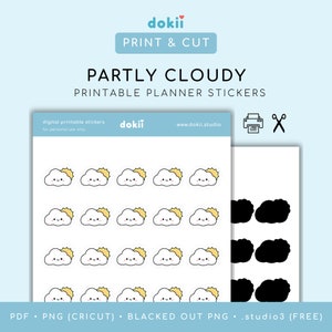 Cute Partly Cloudy Printable Planner Stickers | Kawaii Weather Icon Sun Cloud Printable Stickers Partly Sunny Digital Print & Cut - dokii
