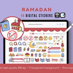 Puede incluir: Un conjunto de 48 pegatinas digitales con ilustraciones lindas relacionadas con el Ramadán. Las pegatinas incluyen una mezquita, una luna creciente, un libro, un plato con un tenedor y un cuchillo, un calendario, un reloj, un sol, una estrella, una linterna, una alfombra de oración, una taza de té, un plato de dátiles, una caja de regalo, una pancarta y más. Las pegatinas son de varios colores, incluidos el rojo, el azul, el verde, el amarillo y el naranja. Las pegatinas son perfectas para agregar un toque de alegría del Ramadán a tu planificador digital, diario o publicaciones en redes sociales.