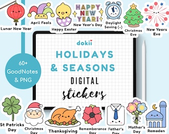 ¡NUEVO! Pegatinas digitales de días festivos 2026 / 60 pegatinas bonitas de días festivos del Reino Unido y EE. UU. GoodNotes Seasons para planificador digital de los principales días festivos del año 2026