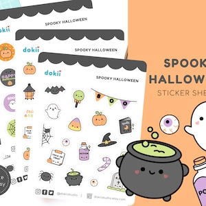 May include: Four sticker sheets with a spooky Halloween theme. The sheets feature cute illustrations of ghosts, pumpkins, bats, cauldrons, and other Halloween icons. The sheets are labelled "Spooky Halloween Sticker Sheets" and have the word "dokii" on each sheet.
