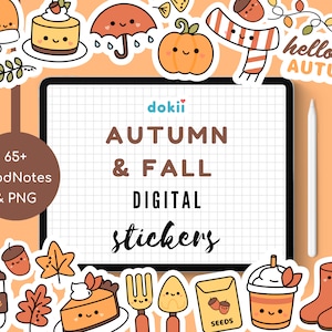 Kawaii Autumn Digital Stickers | 65+ Cute Cozy Fall Pre-Cropped PNGs, Autumn GoodNotes Stickers October Digital Planner Stickers Download