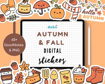 Kawaii Autumn Digital Stickers | 65+ Cute Cozy Fall Pre-Cropped PNGs, Autumn GoodNotes Stickers October Digital Planner Stickers Download
