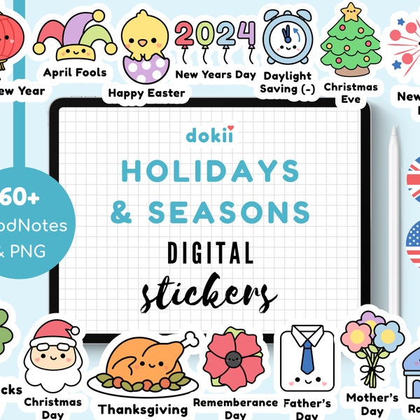 NEW! 60 Holidays Digital Stickers | Cute UK & USA Holidays GoodNotes Seasons Yearly Major Public Holidays Digital Planner Stickers 2024