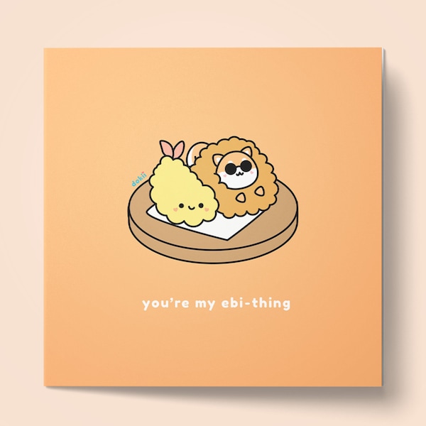Kawaii Tempura Card | Cute Anniversary Pun Greeting Card You're My Ebi-Thing Cute Funny Japanese Food Lover Card Square Glossy Blank Card UK