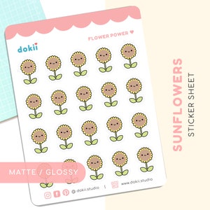 Kawaii Sunflower Sticker Sheet | Cute Fall Sunflower Planner Stickers Floral Botanical Summer Flowers Spring Bloom | Matte/Glossy UK