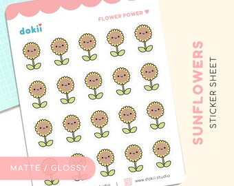 Kawaii Sonnenblume Stickerbogen | Niedliche Herbst Sonnenblume Planer Aufkleber Floral Botanische Blumen Frühling Bloom | Matt / glänzend UK