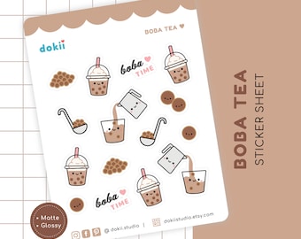 Cute Boba Time Sticker Sheet | Kawaii Bubble Tea Sticker Asian Drink Tapioca Taiwan | Meal Planner Diary Bullet Journal | Matte/Glossy UK