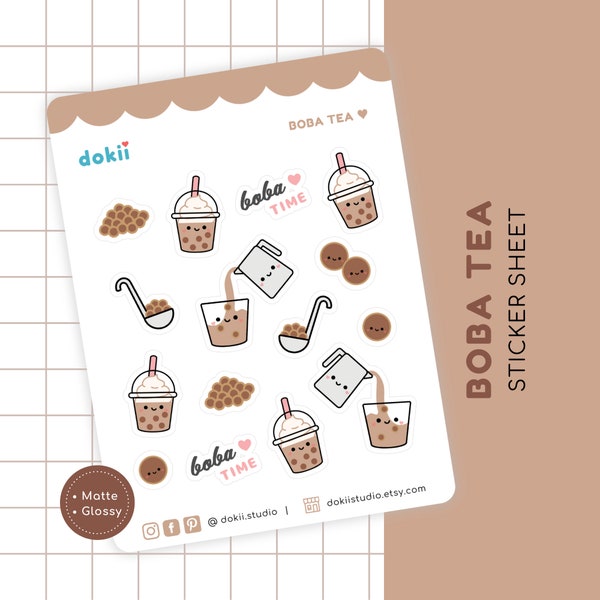 Cute Boba Time Sticker Sheet | Kawaii Bubble Tea Sticker Asian Drink Tapioca Taiwan | Meal Planner Diary Bullet Journal | Matte/Glossy UK