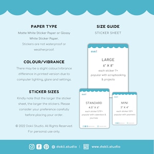 May include: A guide to sticker sizes and paper types for crafting and scrapbooking. The guide includes three sticker sheet sizes: Large (6 x 8 inches), Standard (4.5 x 6 inches), and Mini (3 x 4 inches). The guide also mentions that the stickers are available on matte white or glossy white sticker paper.