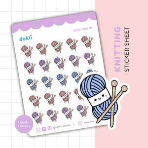 Kawaii Stricken Sticker Bogen | Niedlich Stricken Planer Aufkleber Garn Ball Symbol Wolle Stricknadel Pastell Handmade Knitter Knit UK