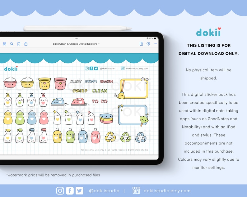 Adesivi digitali per le pulizie kawaii / 73+ adesivi digitali per le faccende domestiche carini GoodNotes Planner, icone PNG pre-ritagliate per le pulizie di primavera immagine 4