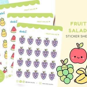 Foglio di adesivi per frutta Kawaii / Adesivi per pianificatore di pasti carini Adesivo per frutta estiva sana / Fragola, anguria, mela, ciliegia, ciotola di frutta UK