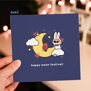 Cartão Kawaii Happy Moon Festival | Cartão de felicitações fofo do Mid-Autumn Festival | Coelho na Lua Shiba Inu | Cartão quadrado brilhante em branco Reino Unido