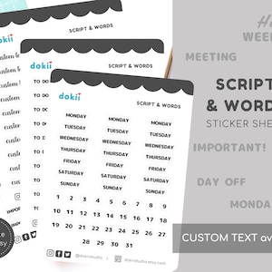 Op de afbeelding: Een stickerblad met een ontwerp in zwart-witte schrijfletters. Het blad bevat de dagen van de week, de nummers 1-31 en de woorden "te doen", "dag vrij", "vergadering", "belangrijk" en "aangepaste tekst beschikbaar".