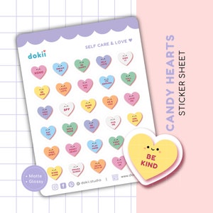 Candy Love Hearts Hoja de pegatinas / Linda conversación Corazones Pegatina Planificador de febrero Pegatina Día de San Valentín Motivación de amor propio de Galentine