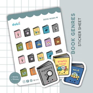 Foglio di adesivi per genere di libro / 25 simpatici adesivi per pianificatore di libri Icona del tracker di libri Adesivi per categoria di libri: Horror, Thriller, Romanticismo, Mistero e altro