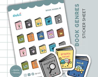 Book Genre Sticker Sheet | 25 Cute Book Planner Stickers Book Tracker Icon Book Category Stickers: Horror, Thriller, Romance, Mystery & more