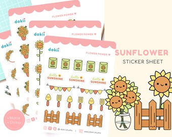 Kawaii Sonnenblume Stickerbogen | Niedlicher Sommerblumen-Aufkleber Gelb Blumen-Planer-Aufkleber Himawari Gartenarbeit Aufkleber Garten Herbst Botanisch