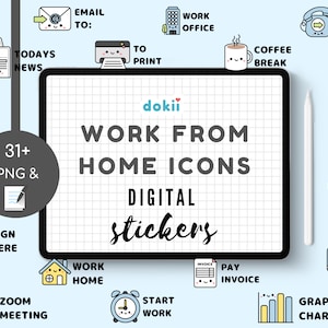 Cute Work from Home Digital Sticker | 31+ Kawaii Business Office Words Pre-Cropped PNG & GoodNotes November Planner Sticker File Download