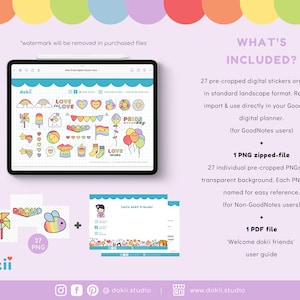 May include: A digital sticker pack with 27 pre-cropped stickers featuring rainbow colors, hearts, and the words "Love", "Proud", and "Pride". The stickers are designed for use in digital planners.