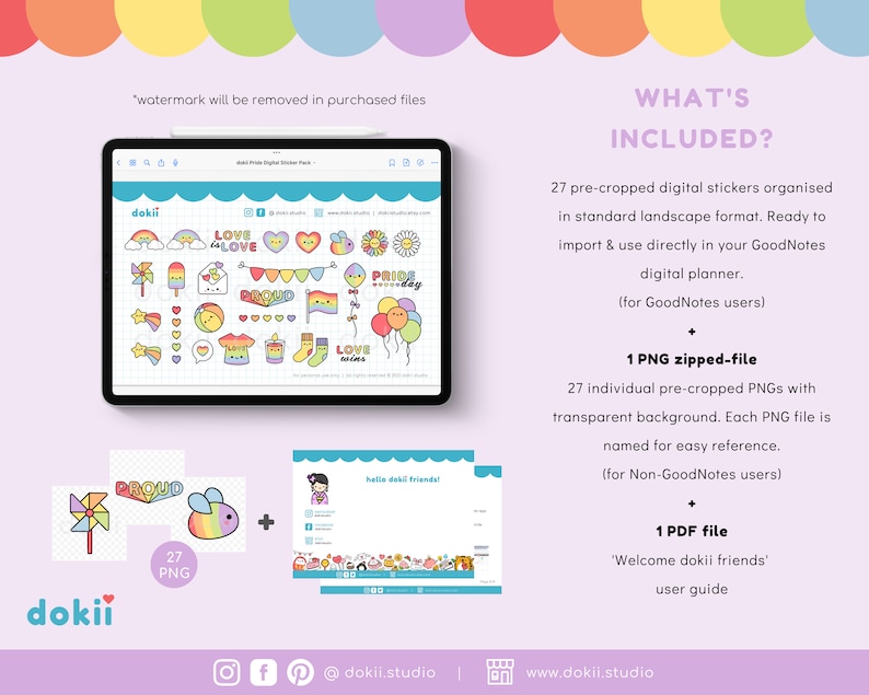 May include: A digital sticker pack with 27 pre-cropped stickers featuring rainbow colors, hearts, and the words "Love", "Proud", and "Pride". The stickers are designed for use in digital planners.