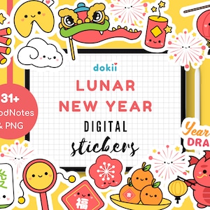 Cute Lunar New Year Digital Sticker Dragon 2024 | Kawaii Chinese New Year Festival GoodNotes Digital Planner Sticker Pack & PNG Cute Dragon