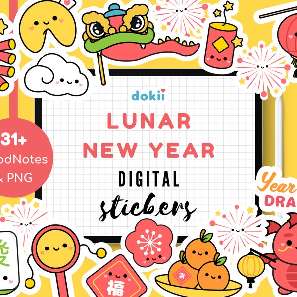 Cute Lunar New Year Digital Sticker Dragon 2024 | Kawaii Chinese New Year Festival GoodNotes Digital Planner Sticker Pack & PNG Cute Dragon