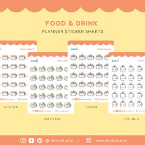 May include: Four sticker sheets with different food and drink illustrations. The sheets are white with a blue border and feature a variety of cute cartoon images of milk tea, green tea, coffee, and hot mugs. Each sheet has the text "Food & Drink" and the brand name "dokii" at the top.