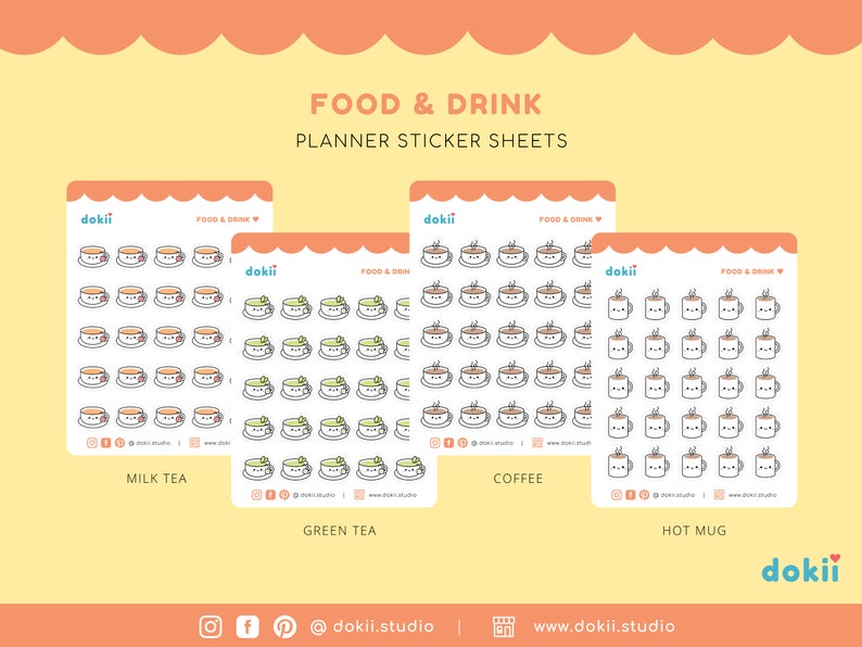 May include: Four sticker sheets with different food and drink illustrations. The sheets are white with a blue border and feature a variety of cute cartoon images of milk tea, green tea, coffee, and hot mugs. Each sheet has the text "Food & Drink" and the brand name "dokii" at the top.