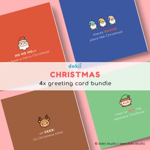 Pacchetto biglietti di auguri di Natale / 4x biglietti di Natale assortiti carini con divertenti giochi di parole / Biglietti di Natale carini con giochi di parole Kawaii Seasons Greetings UK