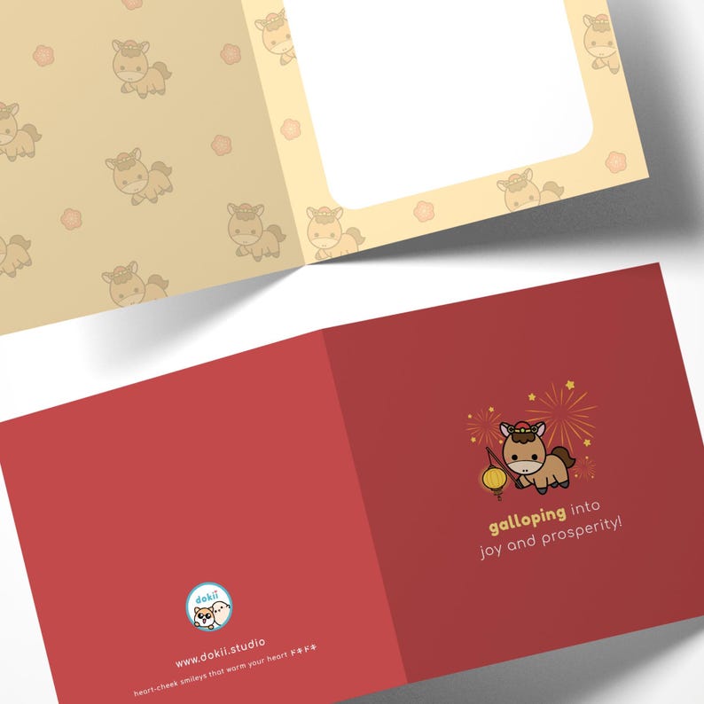 May include: A greeting card with a red interior and a tan exterior. The interior features a cartoon horse with the text "galloping into joy and prosperity!". The exterior has a repeating pattern of cartoon horses.