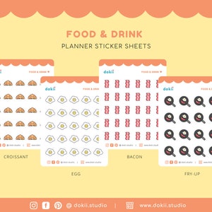May include: Four sticker sheets with different food illustrations. The sheets are white with a light blue border and the text "dokii FOOD & DRINK PLANNER STICKER SHEETS" at the top. The sheets feature illustrations of croissants, bacon, eggs, and a pan with a fried egg. Each sheet has the name of the food at the bottom.