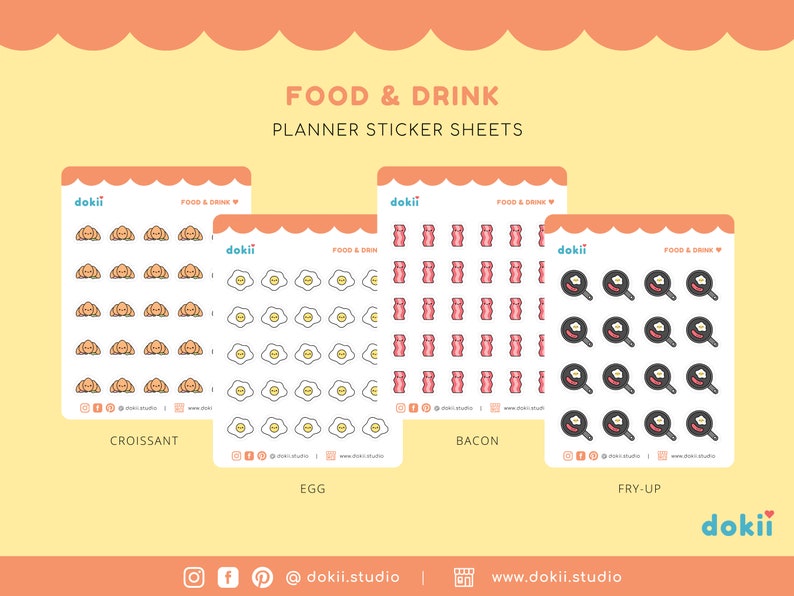 May include: Four sticker sheets with different food illustrations. The sheets are white with a light blue border and the text "dokii FOOD & DRINK PLANNER STICKER SHEETS" at the top. The sheets feature illustrations of croissants, bacon, eggs, and a pan with a fried egg. Each sheet has the name of the food at the bottom.