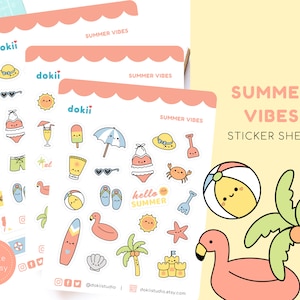 Naklejki Kawaii Summer Vibes | Uroczy planer wakacji na plaży, czerwiec, sezon tropikalny, lody, pływający flaming, palma, Aloha!