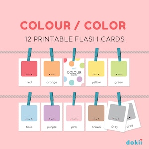 12 Kawaii Color Flash Cards | Cartões coloridos para impressão digital A4 e carta | Jardim de infância, pré-escola, crianças, aprendizagem Montessori Cartões de 3 partes