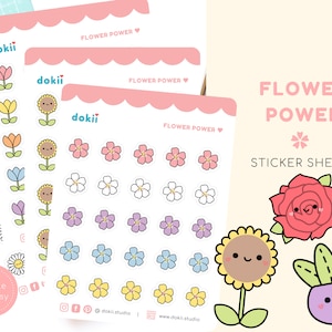 Süßer Flower Power Sticker Bogen | Blumen Planner Sticker März, Sakura Kirschblüte, Gänseblümchen, Sonnenblume, Rose, Aloe Pflanze, Tulpe ...