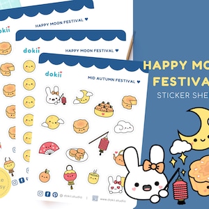 Folha de adesivos do Festival da Lua Feliz | Adesivo do Festival do Meio do Outono Kawaii Outubro Bolo da Lua Bonito do Outono, Coelho Lanterna, Adesivos de Lua Cheia Reino Unido