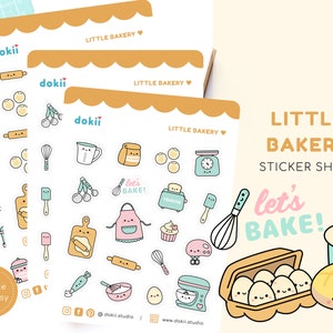 Feuille d'autocollants pour pâtisserie Kawaii | Adorables petits autocollants de boulangerie - Amateurs de desserts, ustensiles de cuisson, oeufs de boulanger, farine, fouet, tablier, rouleau, cupcake Royaume-Uni