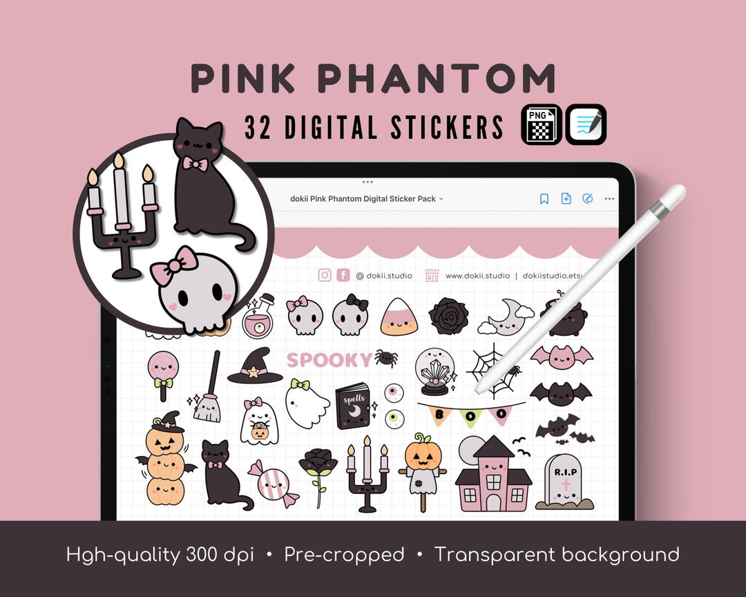 Pink Phantom Digital Stickers | 32 Cute Halloween Sticker Goodnotes ...