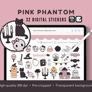 May include: A set of 32 digital stickers featuring cute Halloween themed illustrations in pink and black. The stickers include a ghost, a skull, a bat, a spider, a pumpkin, a witch's hat, a cauldron, a candy corn, a black cat, a spider web, a moon, a candle, a house, a tombstone, and more. The stickers are perfect for adding a spooky touch to your digital planner, journal, or social media posts.